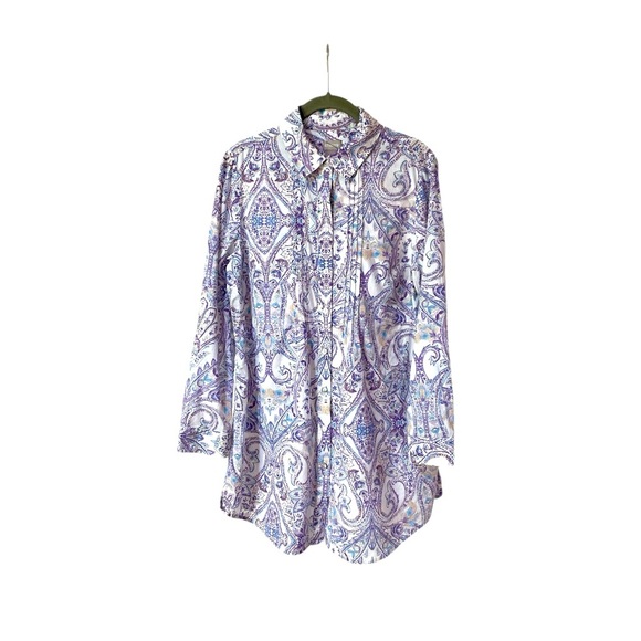 Chico’s Pleated Tunic Shirt Button Up Paisley Long Sleeve Collar Cotton Size 1/M - Picture 1 of 9